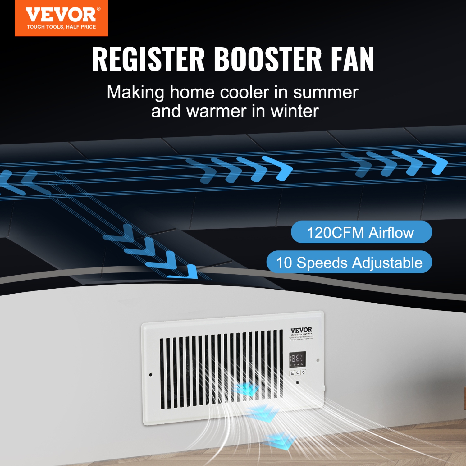VEVOR Register Booster Fan, Quiet Vent Booster Fan Fits 6 x 10 inch Holes, with Remote Control and Thermostat Control, Adjustable Speed for Heating