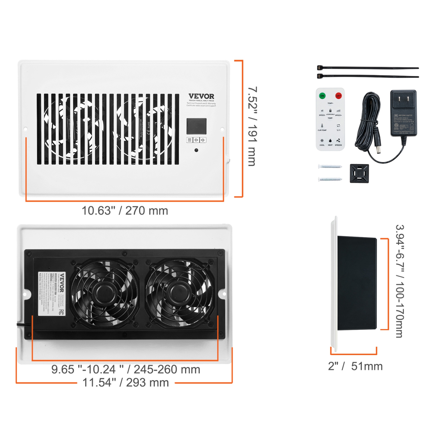 VEVOR Register Booster Fan, Quiet Vent Booster Fan Fits 6 x 10 inch Holes, with Remote Control and Thermostat Control, Adjustable Speed for Heating