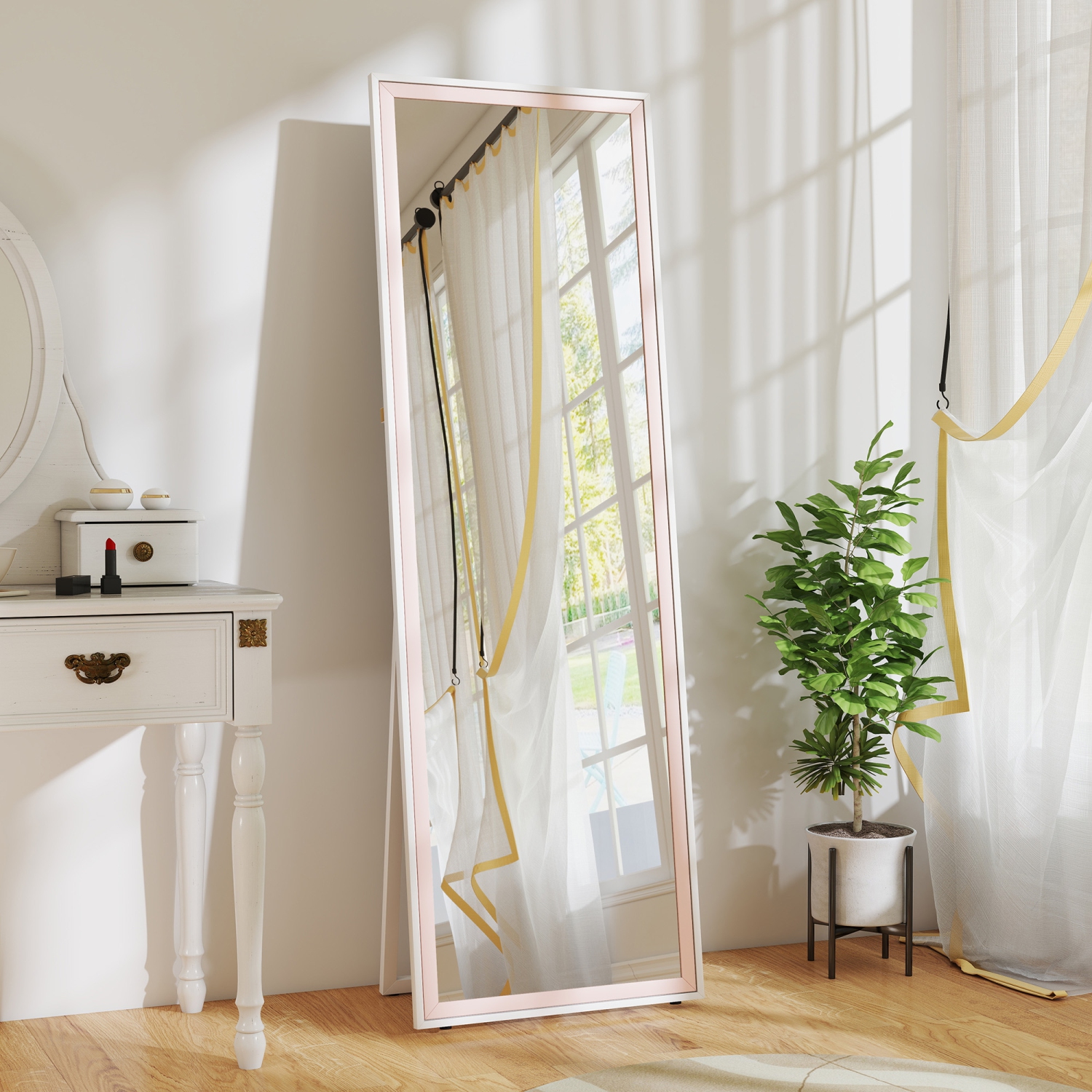 HOMCOM – Miroir pleine longueur, rectangle, cadre bicolore, autoportant ou incliné au mur pour chambre à coucher, salon, 64 x 21 po, rose