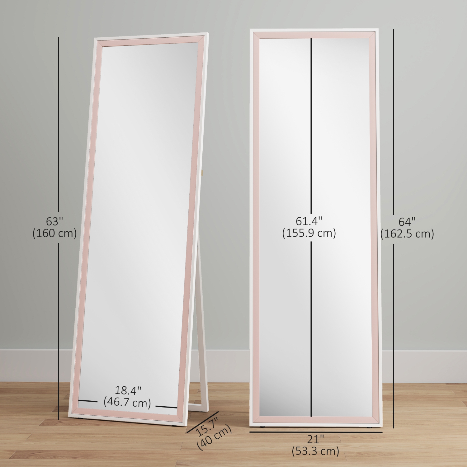 HOMCOM – Miroir pleine longueur, rectangle, cadre bicolore, autoportant ou incliné au mur pour chambre à coucher, salon, 64 x 21 po, rose