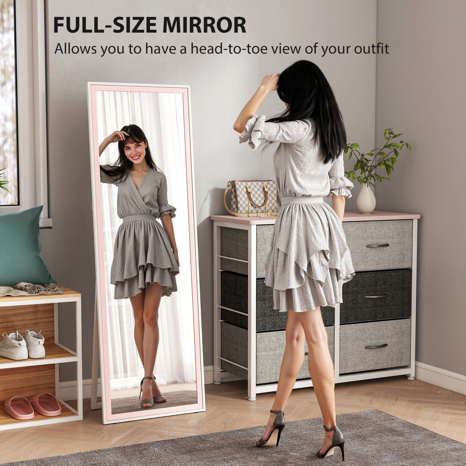 HOMCOM – Miroir pleine longueur, rectangle, cadre bicolore, autoportant ou incliné au mur pour chambre à coucher, salon, 64 x 21 po, rose