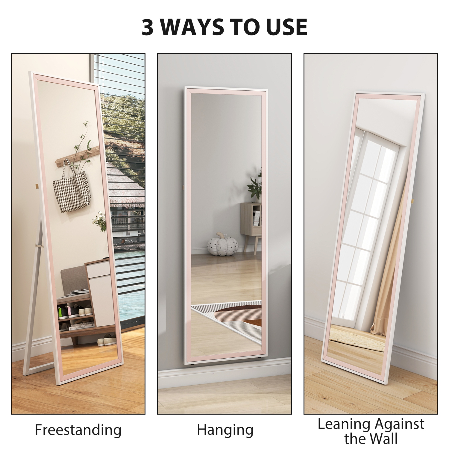 HOMCOM – Miroir pleine longueur, rectangle, cadre bicolore, autoportant ou incliné au mur pour chambre à coucher, salon, 64 x 21 po, rose