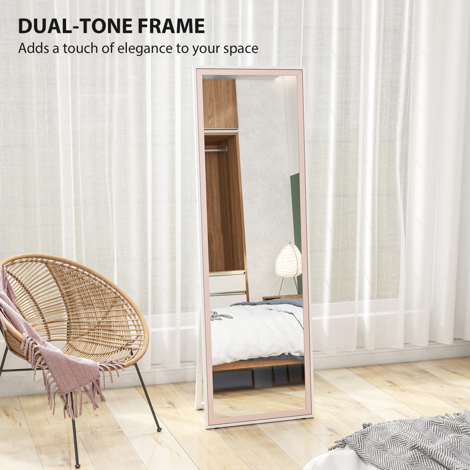 HOMCOM – Miroir pleine longueur, rectangle, cadre bicolore, autoportant ou incliné au mur pour chambre à coucher, salon, 64 x 21 po, rose