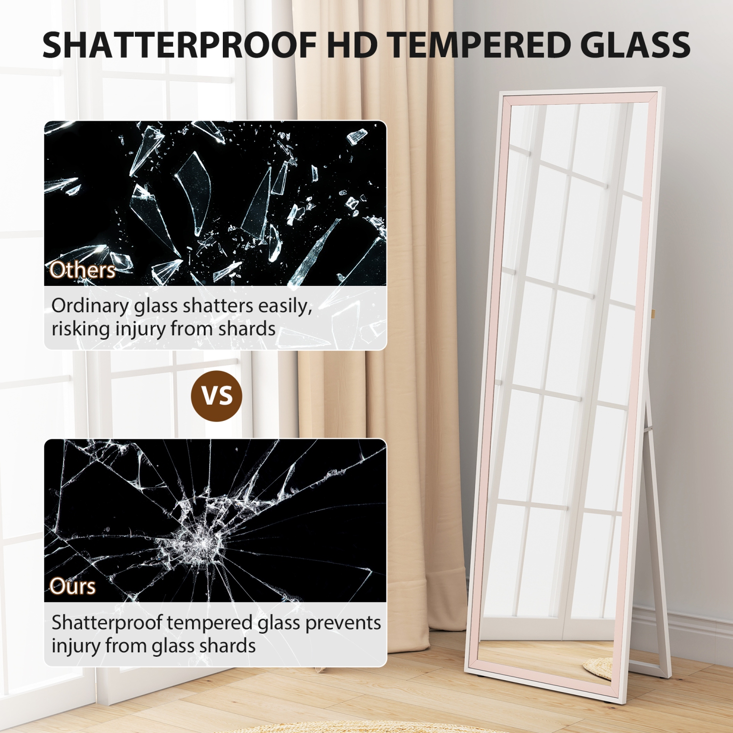 HOMCOM – Miroir pleine longueur, rectangle, cadre bicolore, autoportant ou incliné au mur pour chambre à coucher, salon, 64 x 21 po, rose