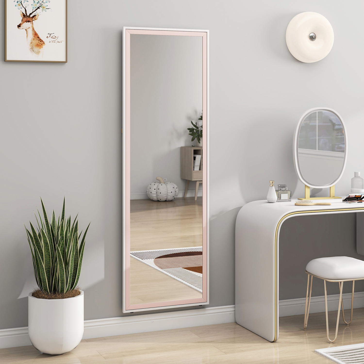 HOMCOM – Miroir pleine longueur, rectangle, cadre bicolore, autoportant ou incliné au mur pour chambre à coucher, salon, 64 x 21 po, rose