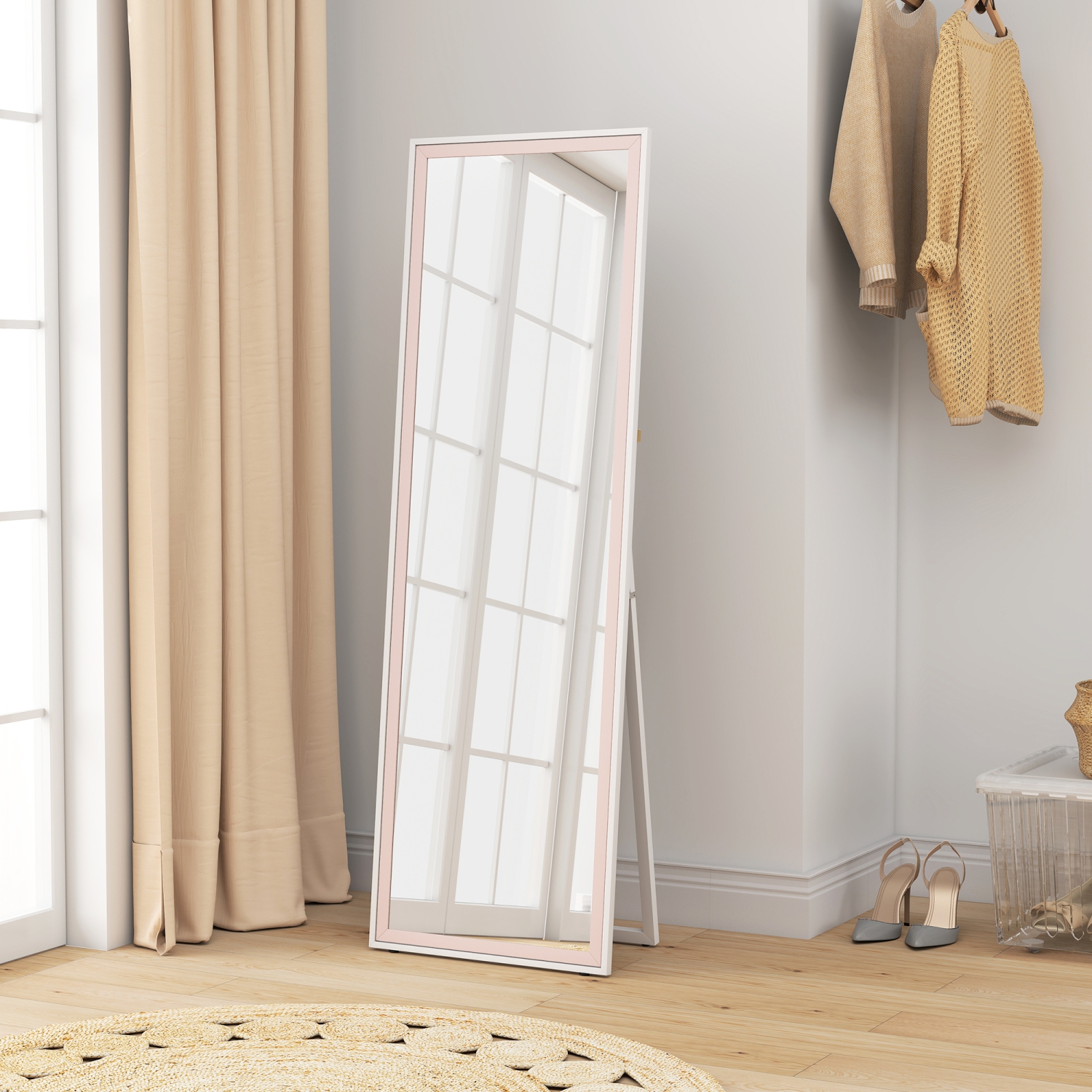 HOMCOM – Miroir pleine longueur, rectangle, cadre bicolore, autoportant ou incliné au mur pour chambre à coucher, salon, 64 x 21 po, rose