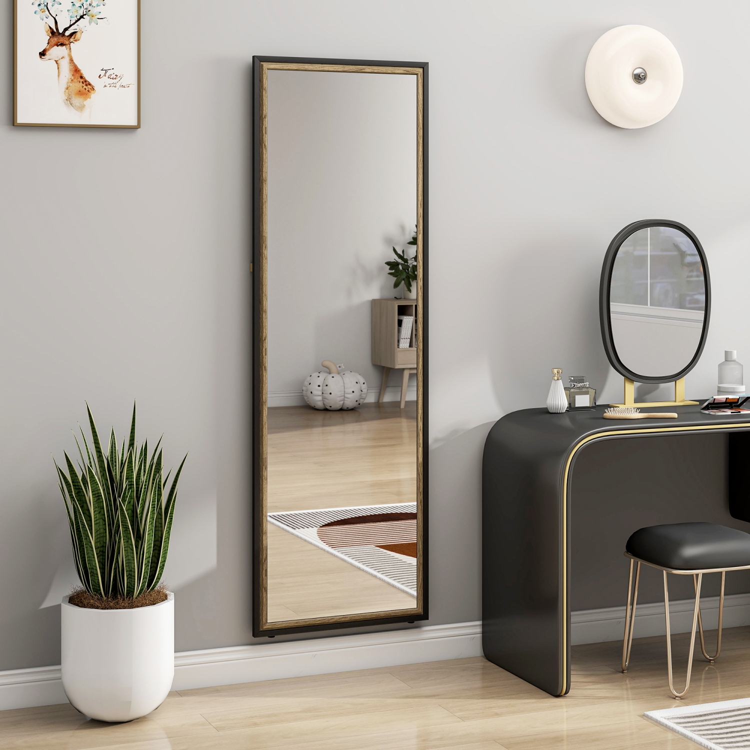 Miroir pleine longueur de HOMCOM, miroir rectangulaire de 64 x 21 po avec cadre bicolore pour chambre, salon, au sol ou penché contre un mur,