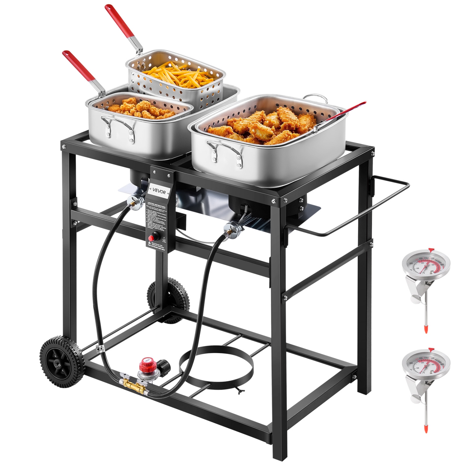 VEVOR 40,000 BTU Outdoor Propane Deep Fryer, Dual-Tank 18QTx2 Commercial Fryer, Multi-Purpose Portable Frying Cart with Wheel, 3 Basket, 2