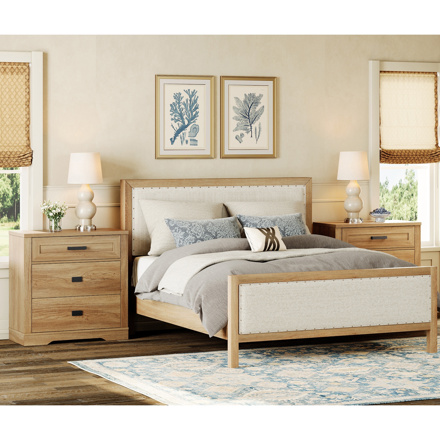 Table de chevet large en bois massif WAMPAT, table de chevet Farmhouse avec 3 tiroirs pour chambre à coucher, 31,9'' H x 31,5' L x 15,4' P, chêne