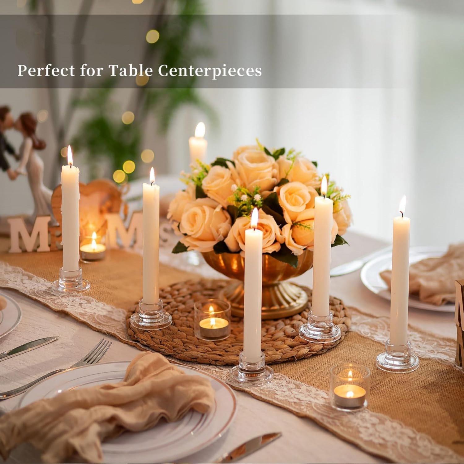 NIERBO Small Taper Candle Holders Set of 10 Clear Candle Sticks Holder for Table Centerpiece Short Modern Candle Holder for Wedding Christmas Home