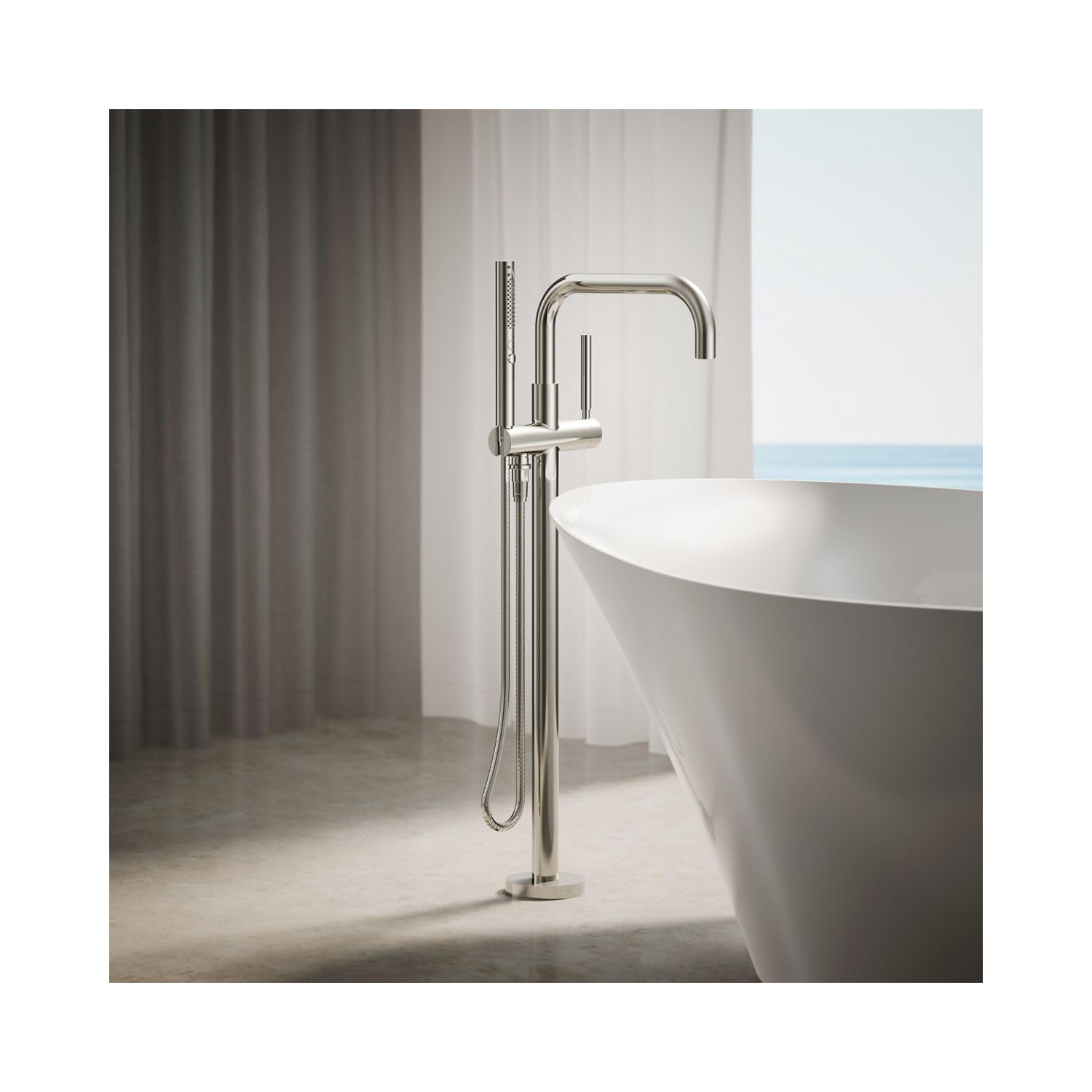 KOHLER K-T97328-4-SN Purist Floor-Mount Bath Filler with Handshower, Polished Nickel
