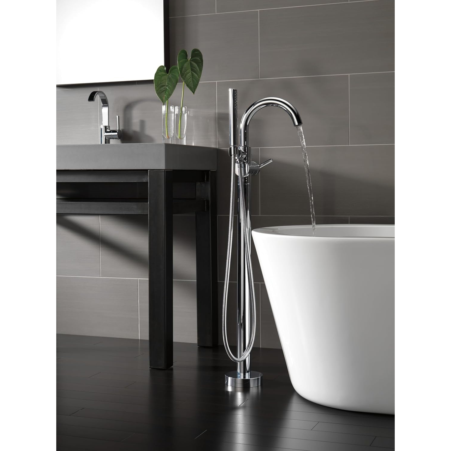 Delta Faucet Trinsic Floor-Mount Freestanding Tub Filler with Hand Held Shower, Chrome Bathtub Faucet