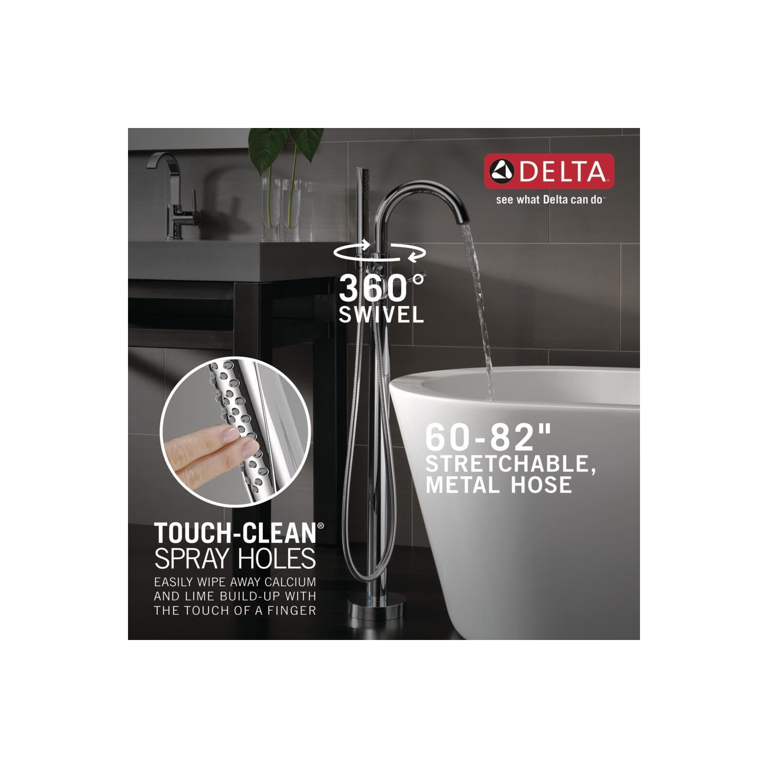 Delta Faucet Trinsic Floor-Mount Freestanding Tub Filler with Hand Held Shower, Chrome Bathtub Faucet
