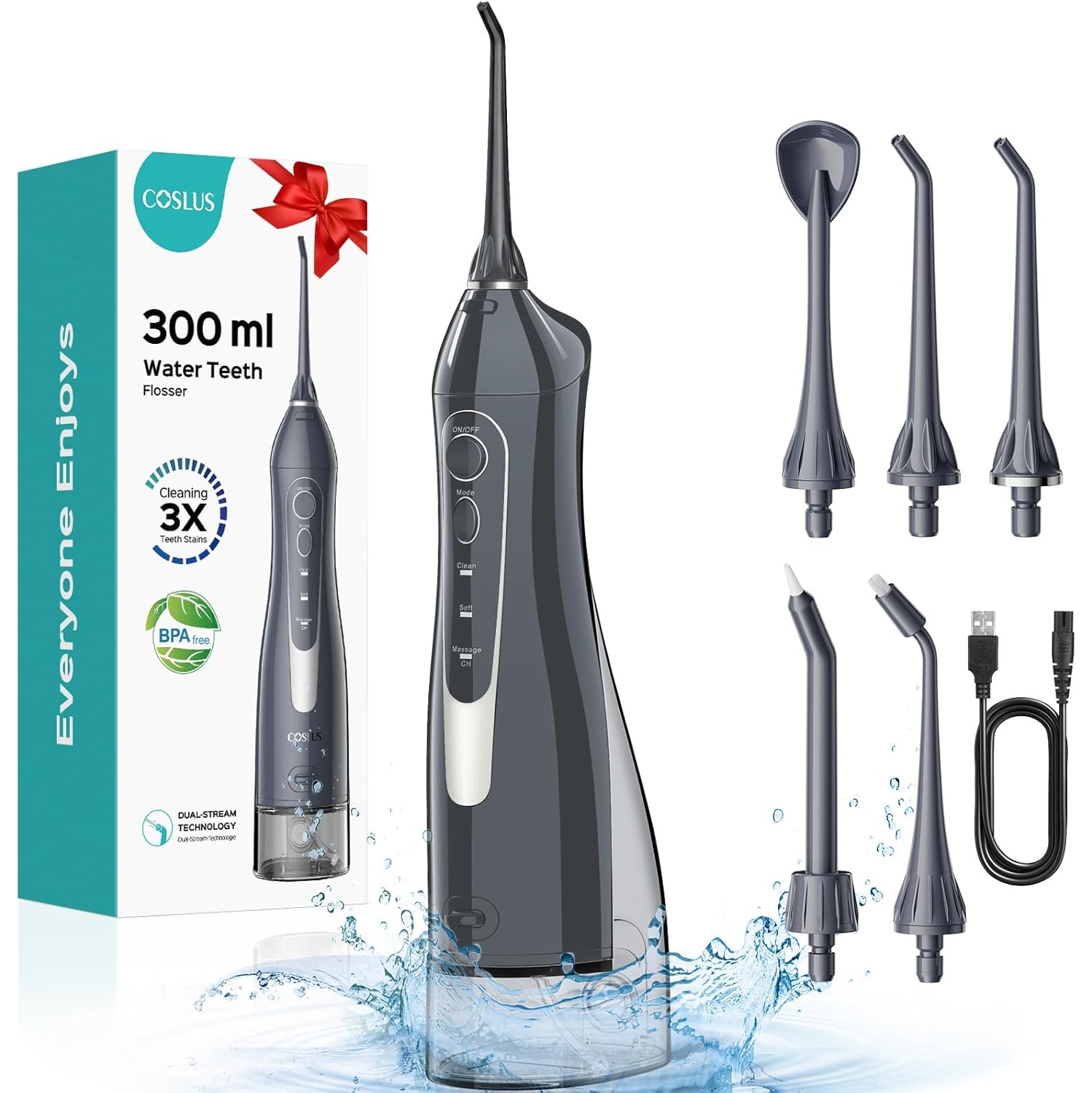 Mehiaz Water Teeth Flosser: 300ML Cordless Electric Water Tooth Flossing Rechargeable IPX7 Waterproof Portable Travel Flossers Set for Teeth