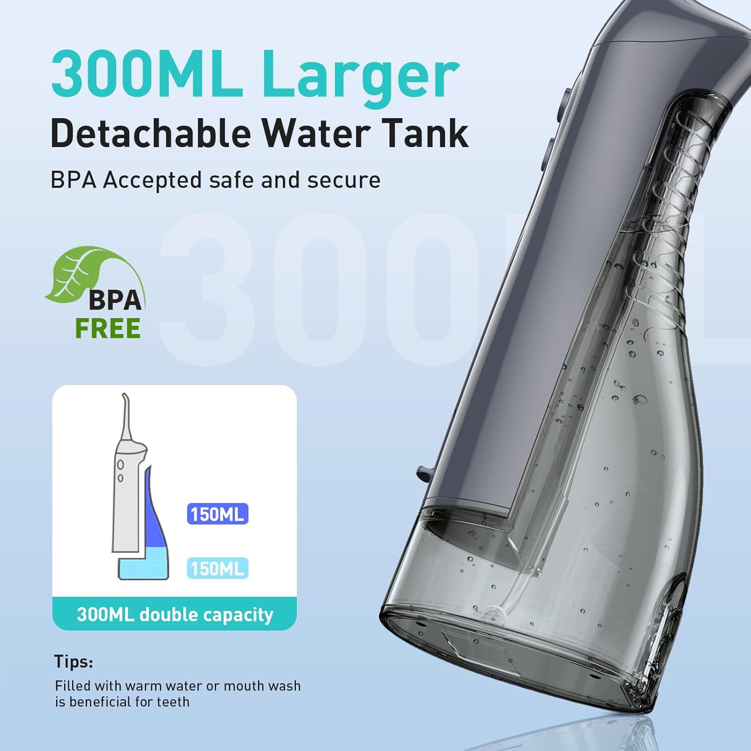 Mehiaz Water Teeth Flosser: 300ML Cordless Electric Water Tooth Flossing Rechargeable IPX7 Waterproof Portable Travel Flossers Set for Teeth