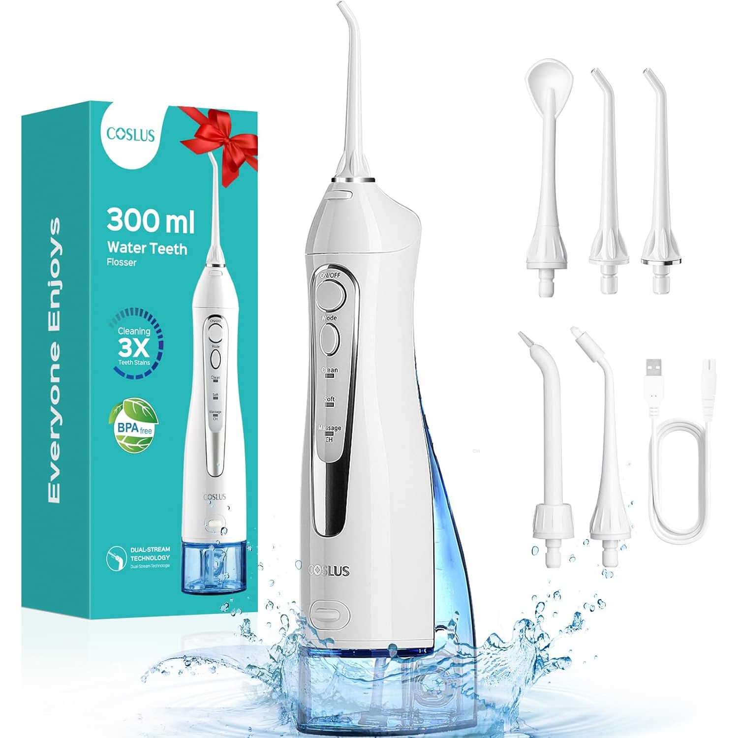 Mehiaz Water Teeth Flosser: 300ML Cordless Electric Water Tooth Flossing Rechargeable IPX7 Waterproof Portable Travel Flossers Set for Teeth