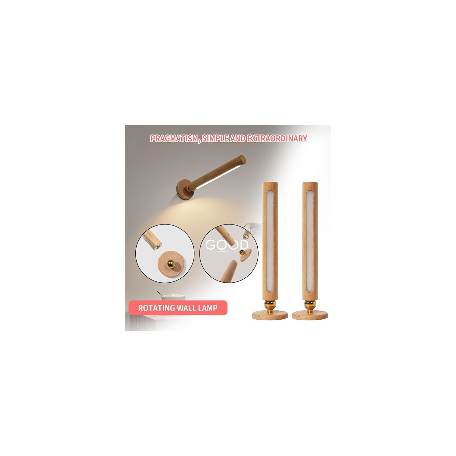 2 lampes murales magnétiques USB rechargeables à DEL en bois avec veilleuse à DEL à piles pour la maison