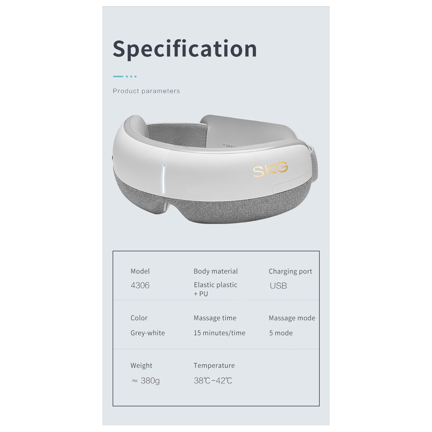 Appareil de massage pour les yeux E3 de SKG avec vibration de pression d'air chaud, blanc et gris