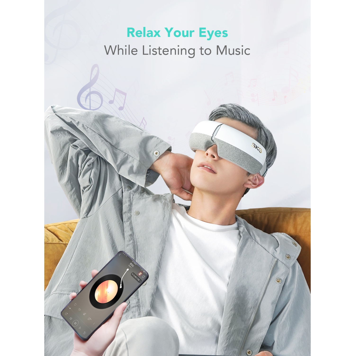 Appareil de massage pour les yeux E3 de SKG avec vibration de pression d'air chaud, blanc et gris