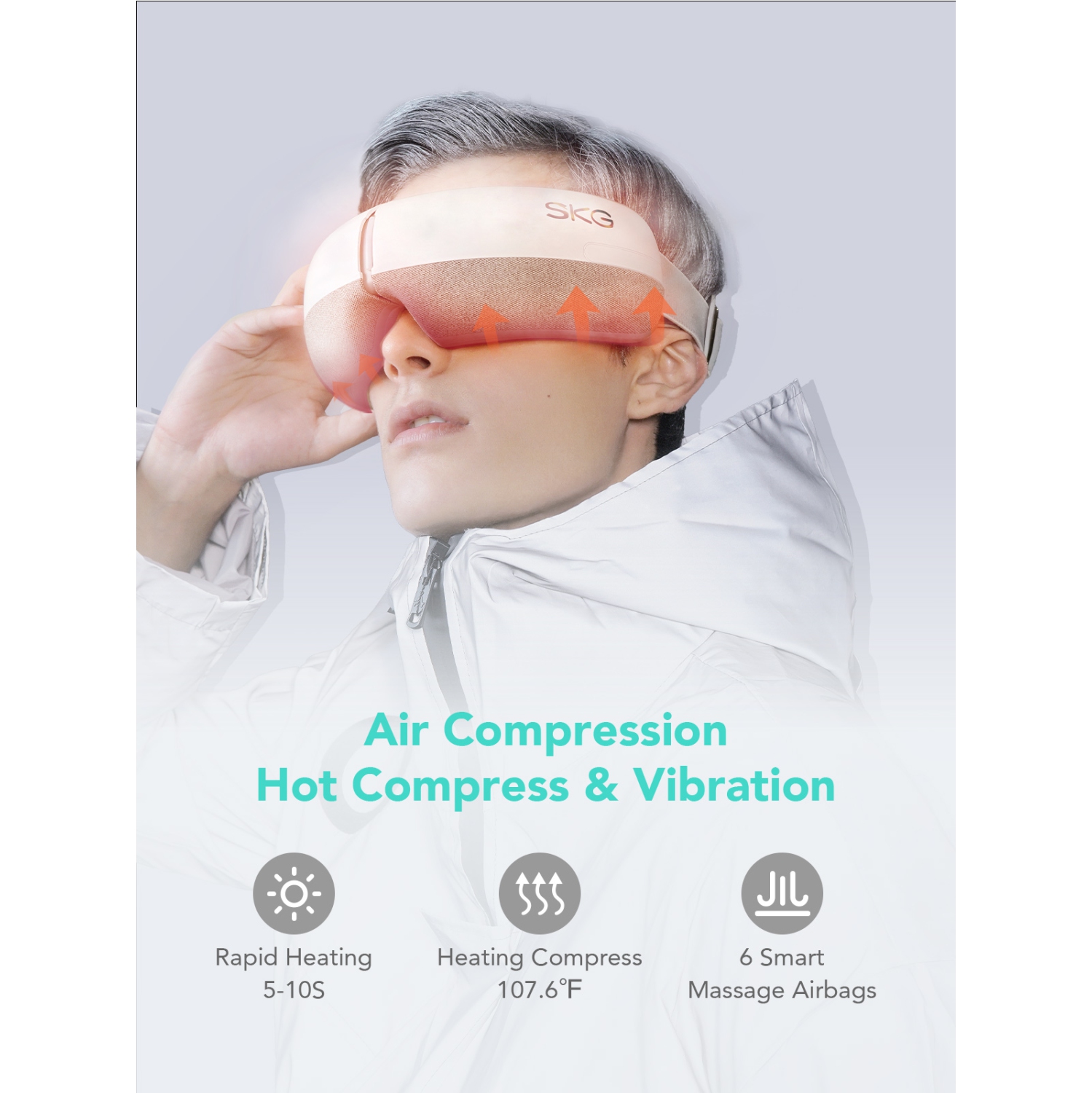 Appareil de massage pour les yeux E3 de SKG avec vibration de pression d'air chaud, blanc et gris