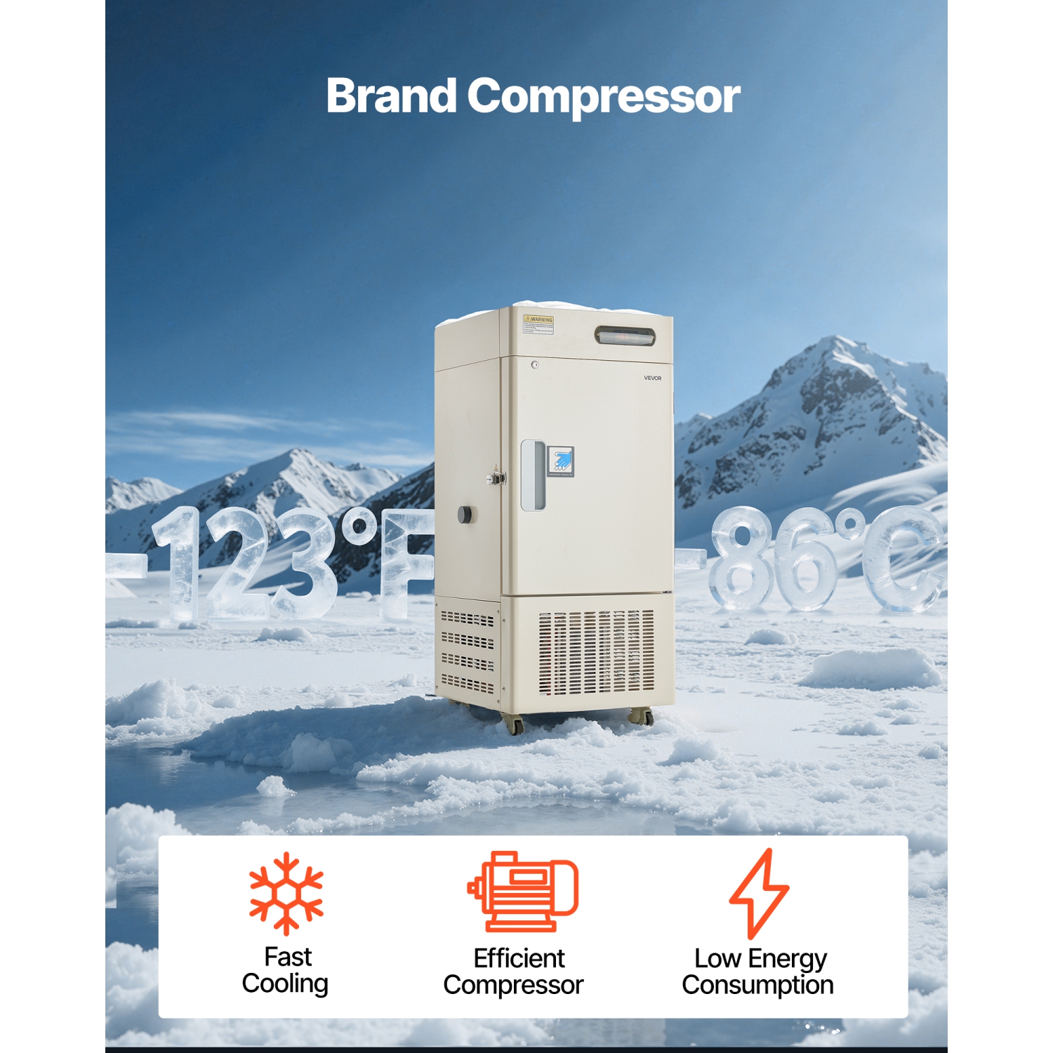 VEVOR 28 L Ultra Low Temperature Freezer, −40℉ to −123℉ Adjustable Temp Range, with Rollers and Digital Display, 304 Stainless Steel Liner, Low