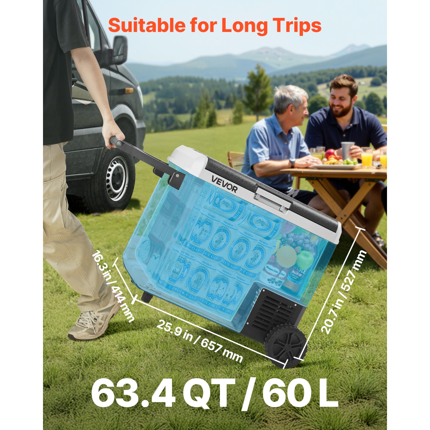 VEVOR 12 Volt Car Refrigerator, 63.4QT/60L Car Fridge, Portable Electric Cooler with Wheels and Handle, -4℉~68℉, 12/24V DC and 100- 240V AC