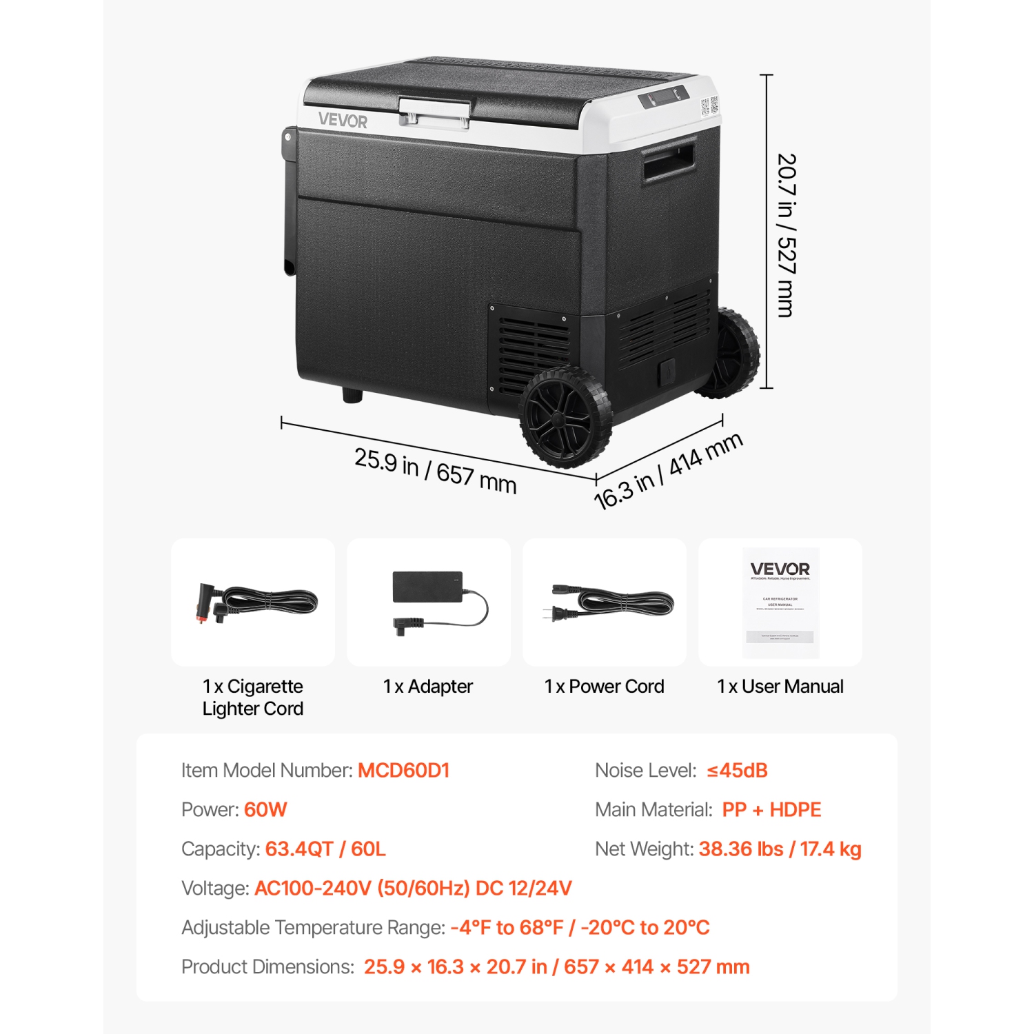 VEVOR 12 Volt Car Refrigerator, 63.4QT/60L Car Fridge, Portable Electric Cooler with Wheels and Handle, -4℉~68℉, 12/24V DC and 100- 240V AC