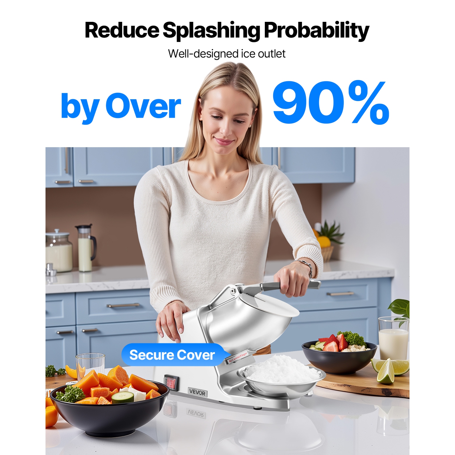 VEVOR 286lbs Per Hour Ice Crusher Machine, Electric 4 Blades Snow Cone Maker, Stainless Steel Shaved Ice Machine with Bowl and Cover, 300W 2000RPM