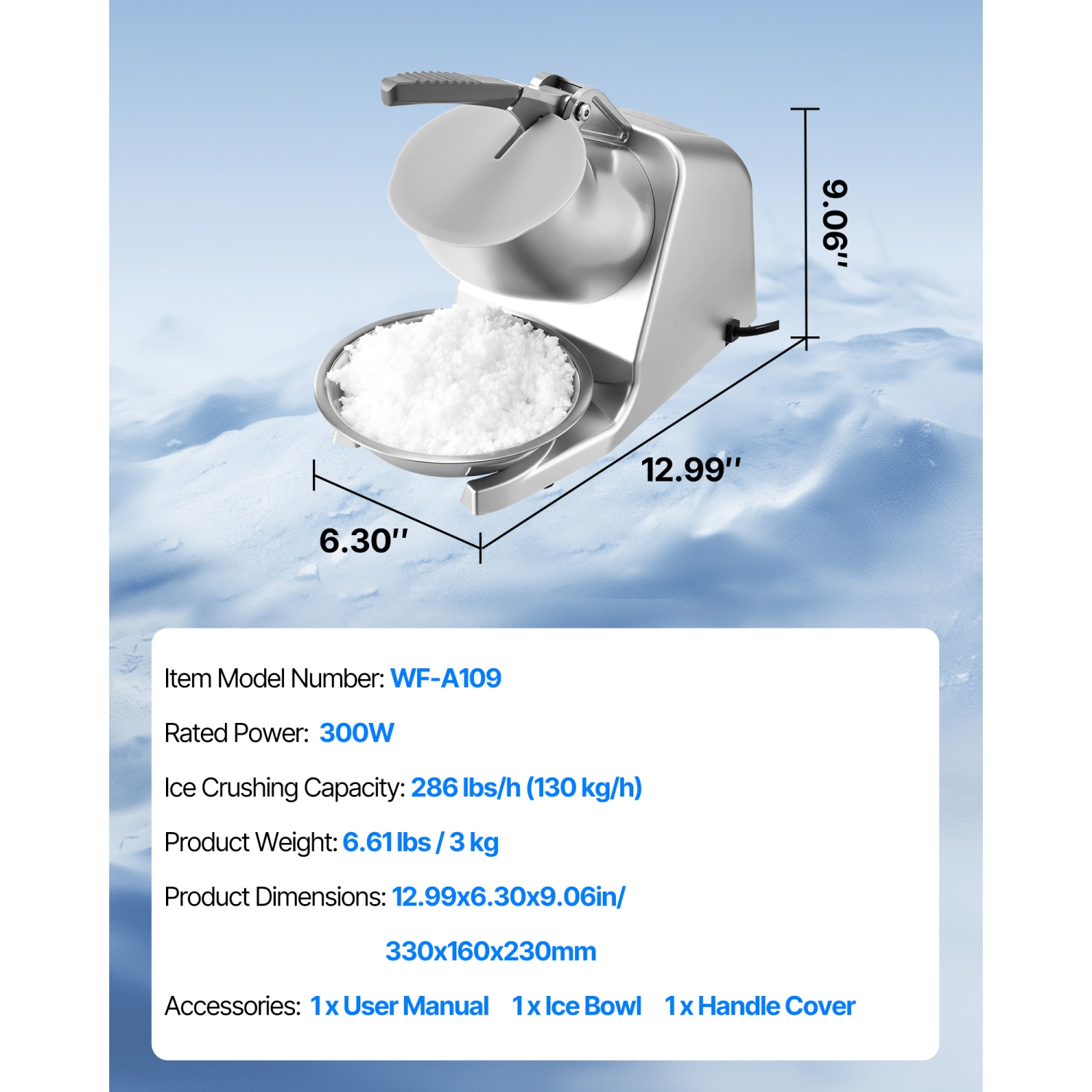 VEVOR 286lbs Per Hour Ice Crusher Machine, Electric 4 Blades Snow Cone Maker, Stainless Steel Shaved Ice Machine with Bowl and Cover, 300W 2000RPM
