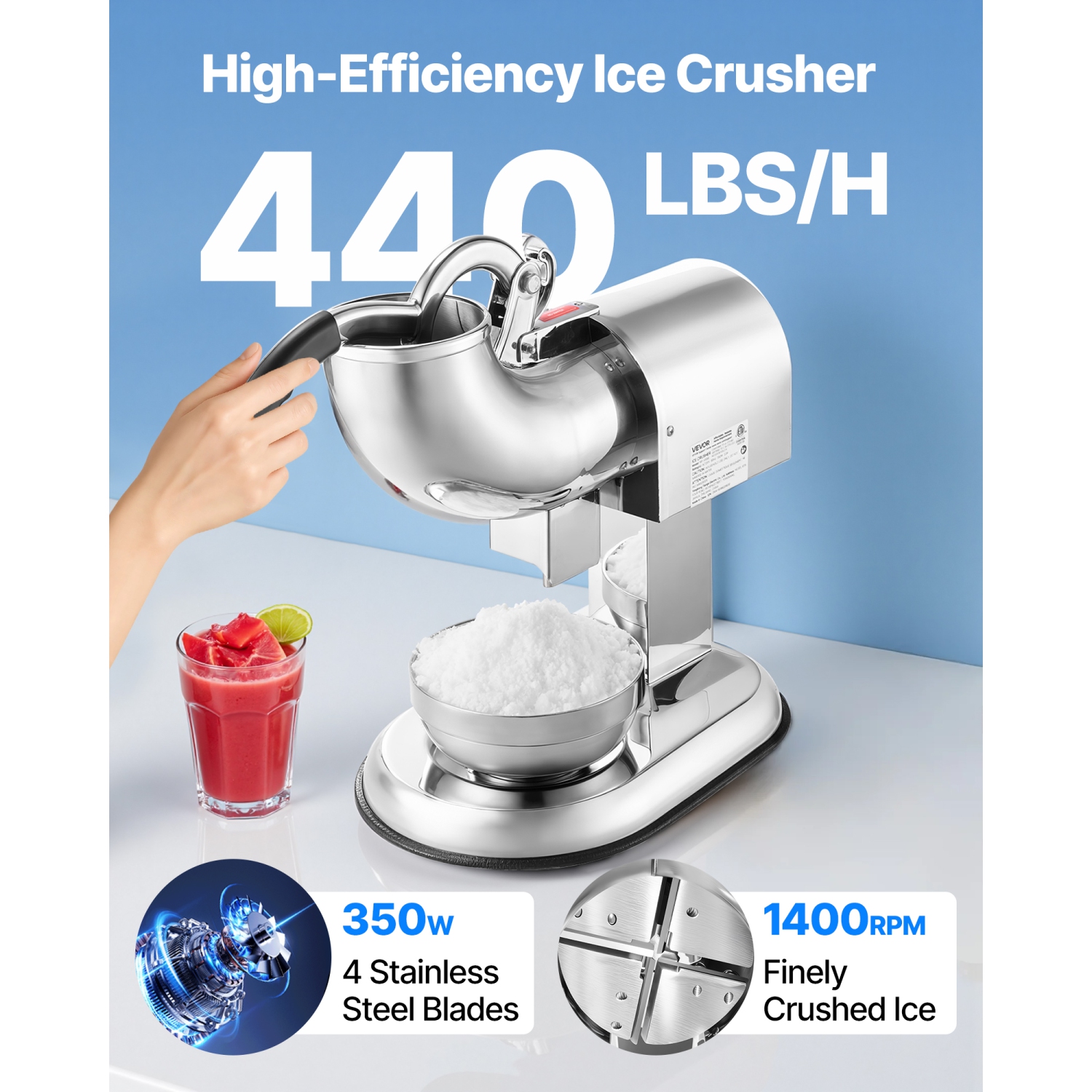 VEVOR 440lbs Per Hour Ice Crusher Machine, Electric 4 Blades Snow Cone Maker, All Stainless Steel Shaved Ice Machine with Bowl and Cover, 350W