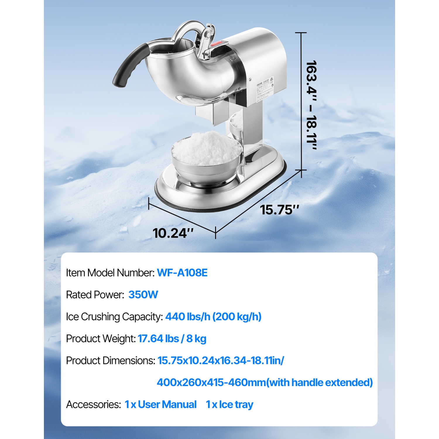 VEVOR 440lbs Per Hour Ice Crusher Machine, Electric 4 Blades Snow Cone Maker, All Stainless Steel Shaved Ice Machine with Bowl and Cover, 350W