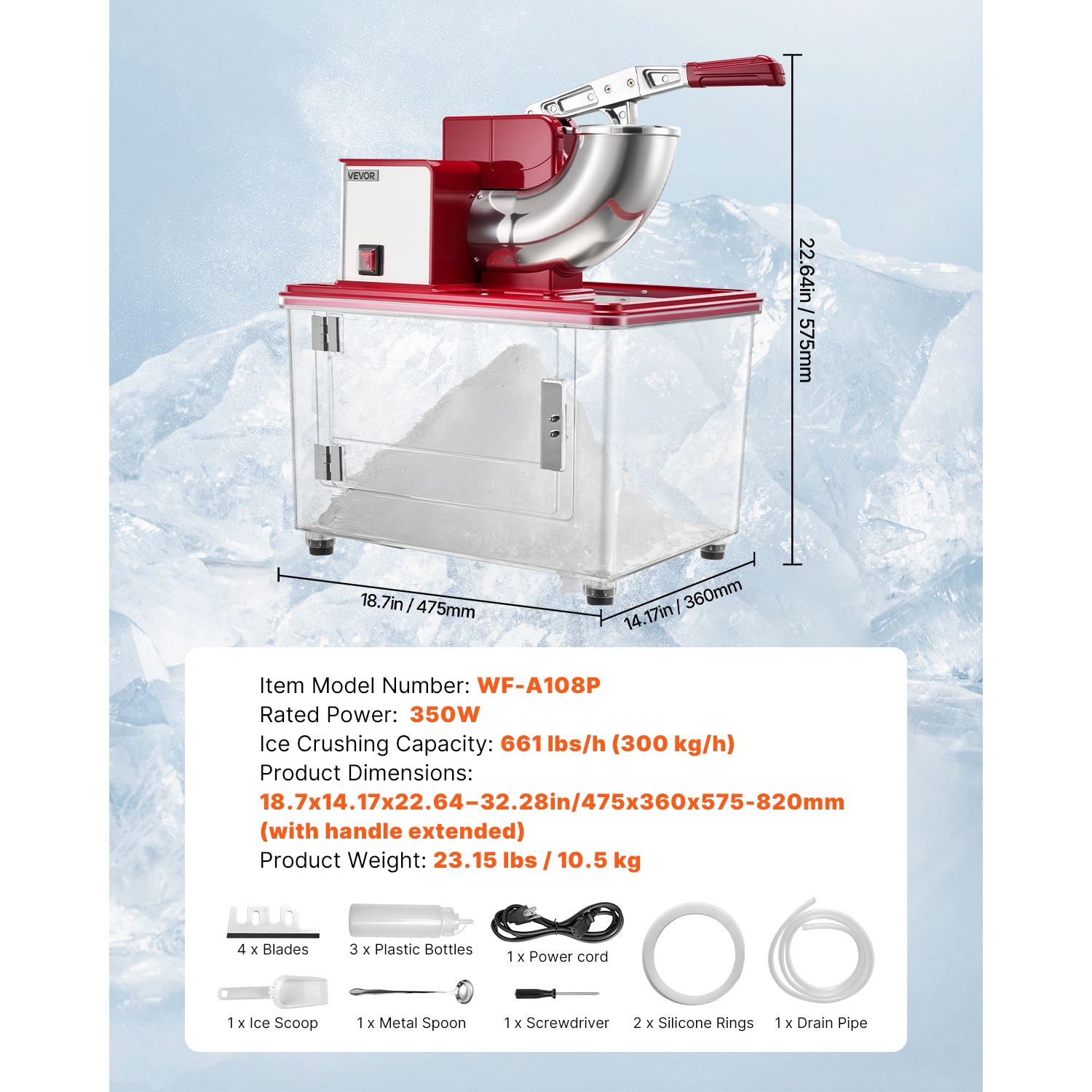 VEVOR 661LBS/H Commercial Ice Crusher, 350W Electric Snow Cone Machine with 4 Blades, 2000RPM Stainless Steel Shaved Ice Machine with 11 Gal