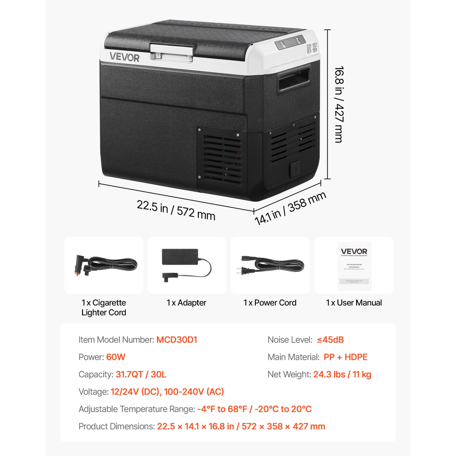 VEVOR 12 Volt Car Refrigerator, 31.7QT/30L Car Fridge, Portable Electric Cooler with -4℉~68℉ Adjustable Temperature, 12/24V DC and 100- 240V AC