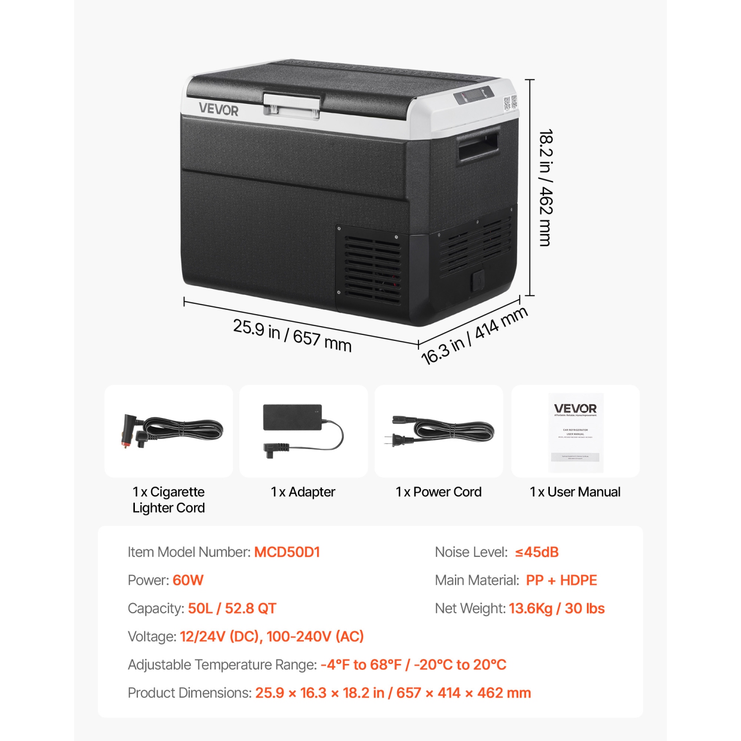 VEVOR 12 Volt Car Refrigerator, 52.8QT/50L Car Fridge, Portable Electric Cooler with -4℉~68℉ Adjustable Temperature, 12/24V DC and 100- 240V AC