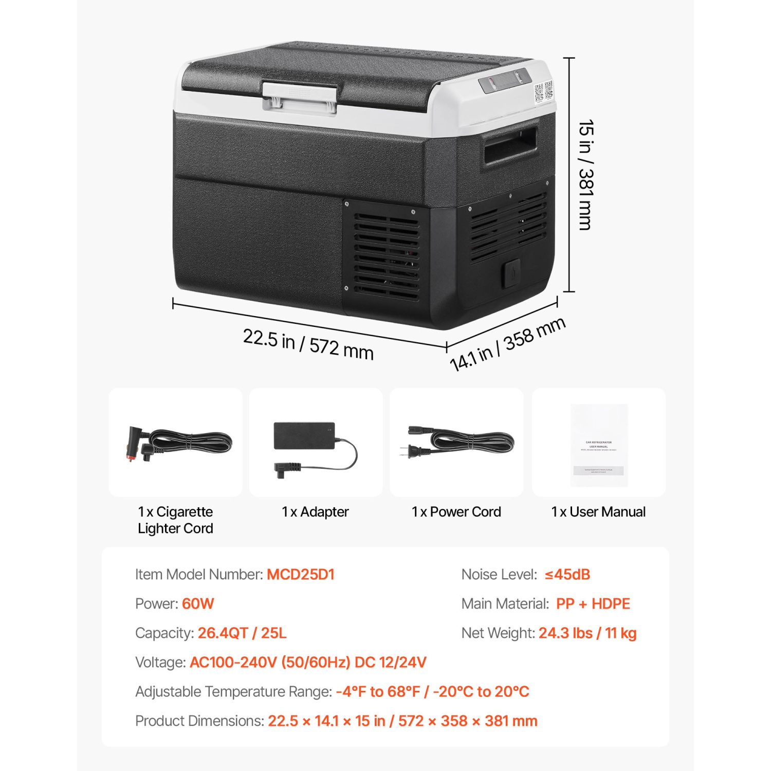 VEVOR 12 Volt Car Refrigerator, 26.4QT/25L Car Fridge, Portable Electric Cooler with -4℉~68℉ Adjustable Temperature, 12/24V DC and 100- 240V AC