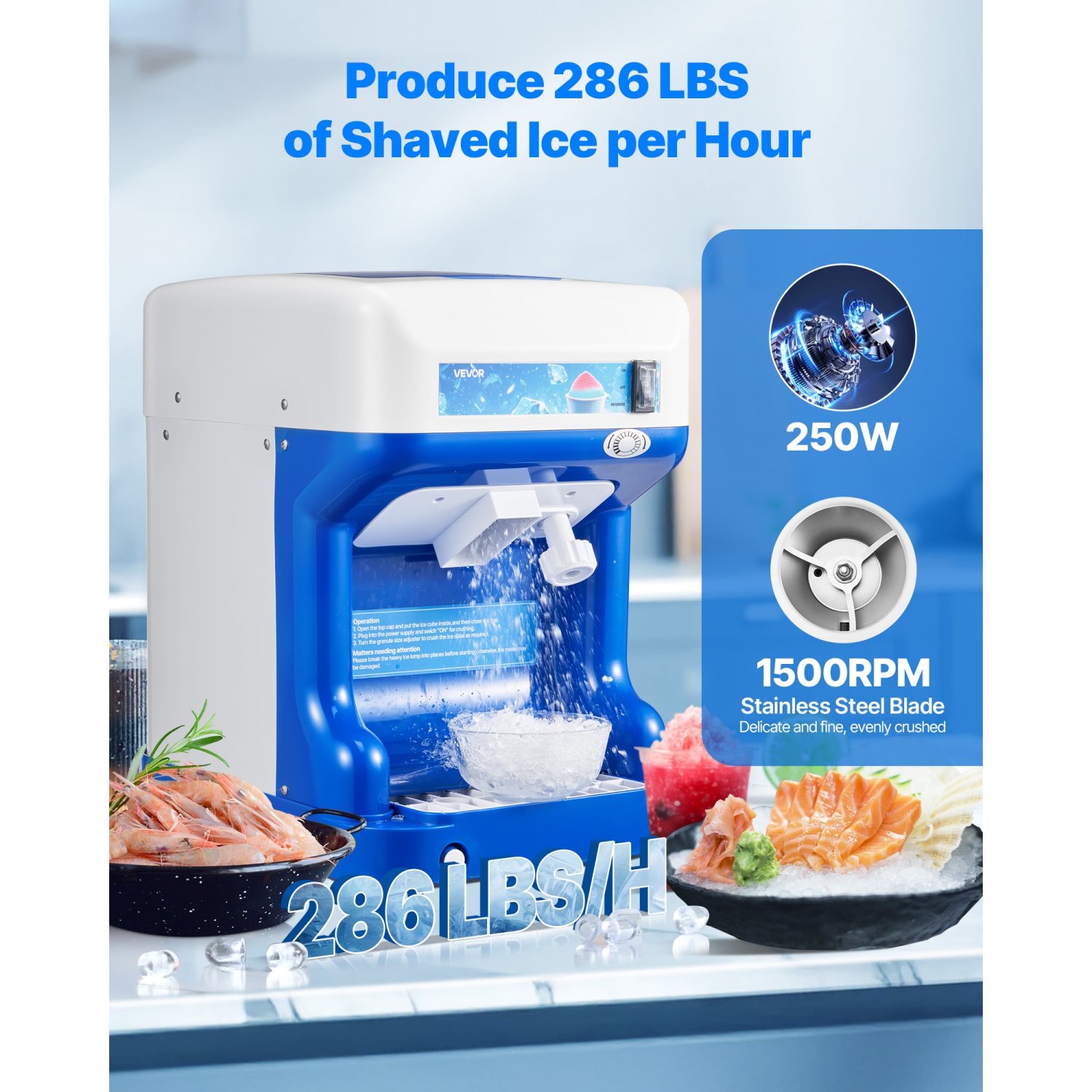 VEVOR 286lbs Per Hour Commercial Ice Shaver Crusher, Electric Snow Cone Maker with 2L Ice Cube Box, 250W 1500RPM Tabletop Shaved Ice Machine for