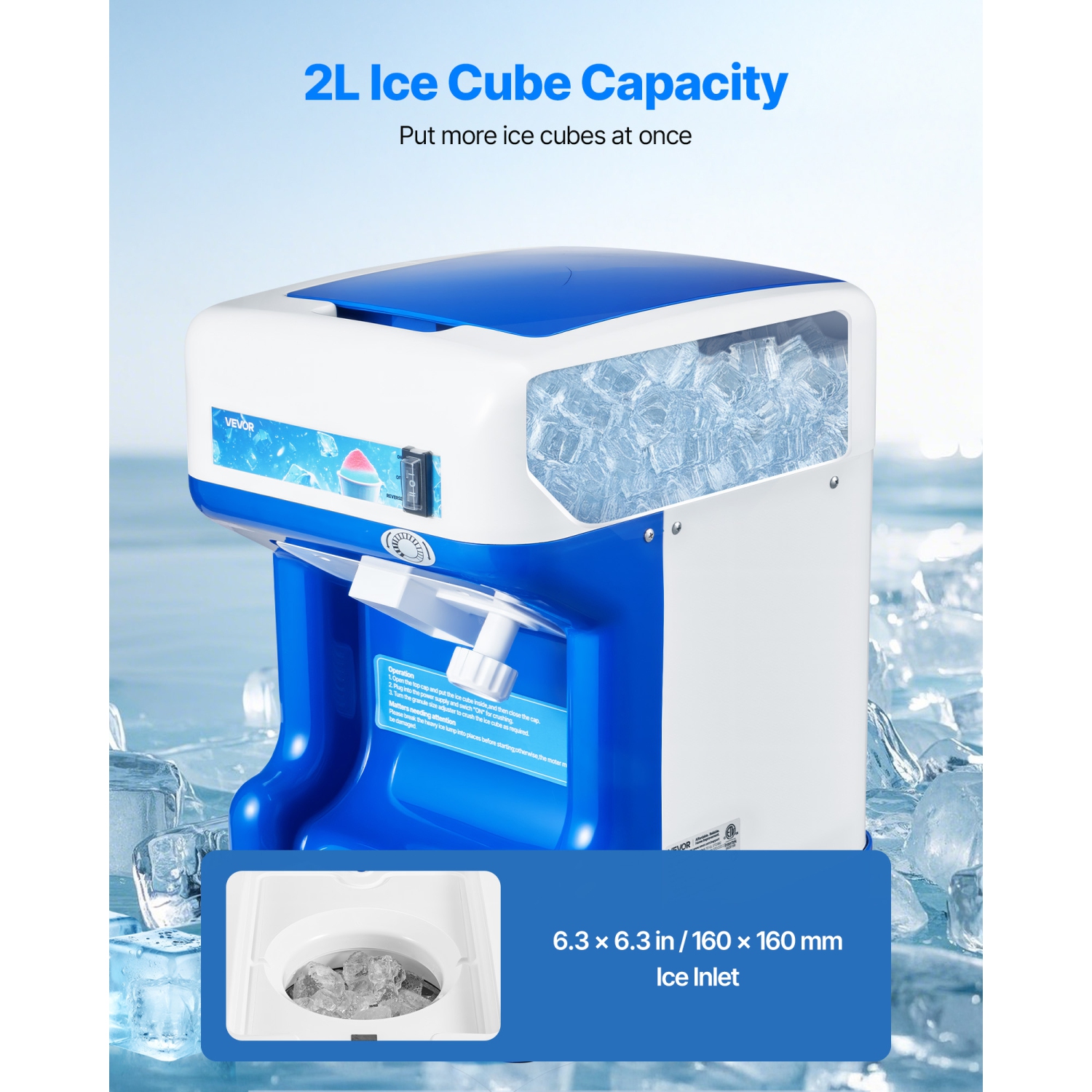 VEVOR 286lbs Per Hour Commercial Ice Shaver Crusher, Electric Snow Cone Maker with 2L Ice Cube Box, 250W 1500RPM Tabletop Shaved Ice Machine for