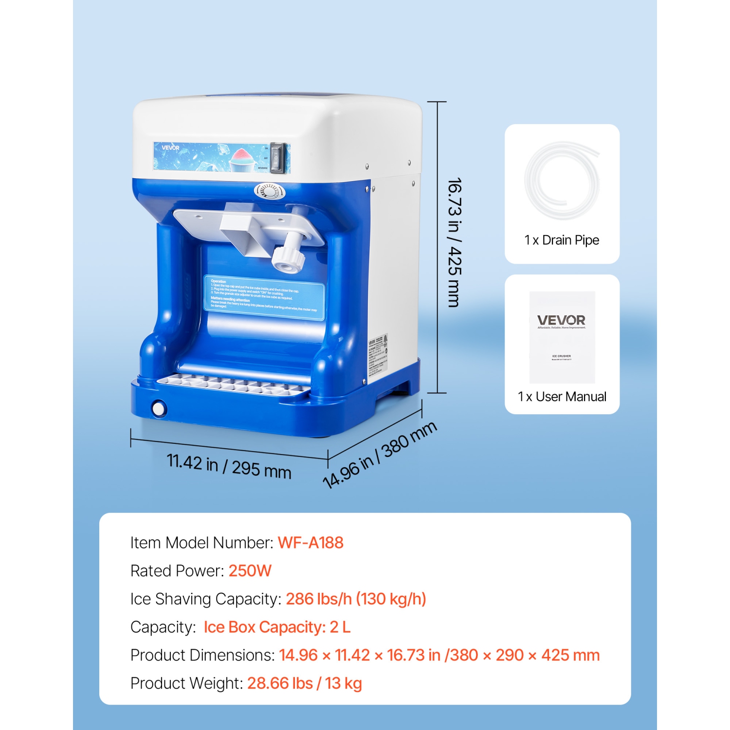 VEVOR 286lbs Per Hour Commercial Ice Shaver Crusher, Electric Snow Cone Maker with 2L Ice Cube Box, 250W 1500RPM Tabletop Shaved Ice Machine for