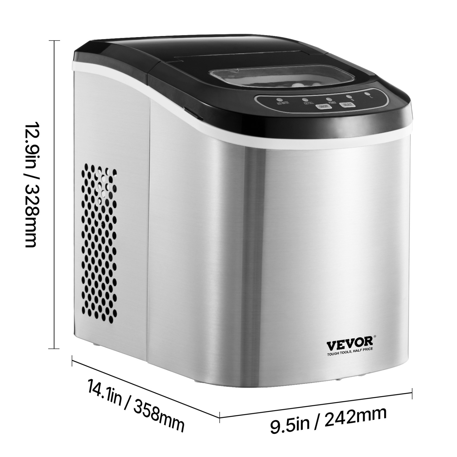 VEVOR 33lbs in 24Hrs Countertop Ice Maker, 9 Cubes Ready in 6 Mins, Self-Cleaning Portable Ice Maker with Ice Scoop and Basket, Ice Machine with 2