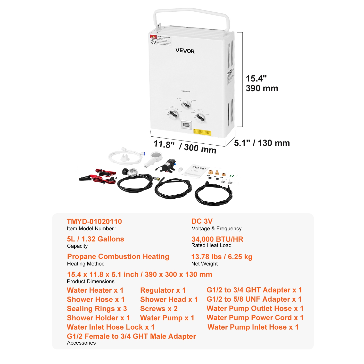 VEVOR 5L Portable Propane Water Heater, Tankless Outdoor Water Heater, 34000 BTU 1.32 GPM Instant Hot Water, with Accessory Set + Regulator +Water