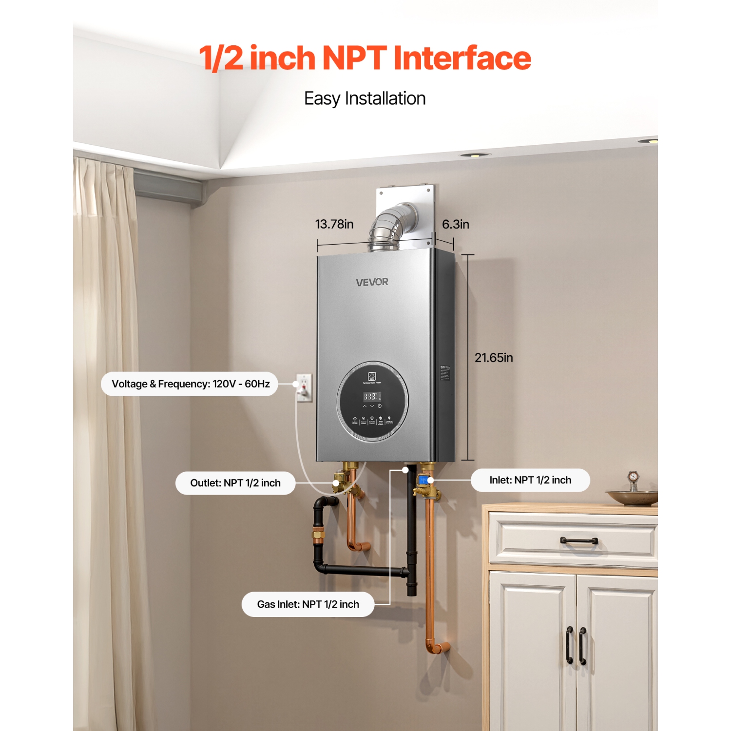 Chauffe-eau au propane 4,3 gal VEVOR, chauffe-eau instantané intérieur 100000&nbsp;BTU, contrôle intelligent de la température, écran Clear LED et