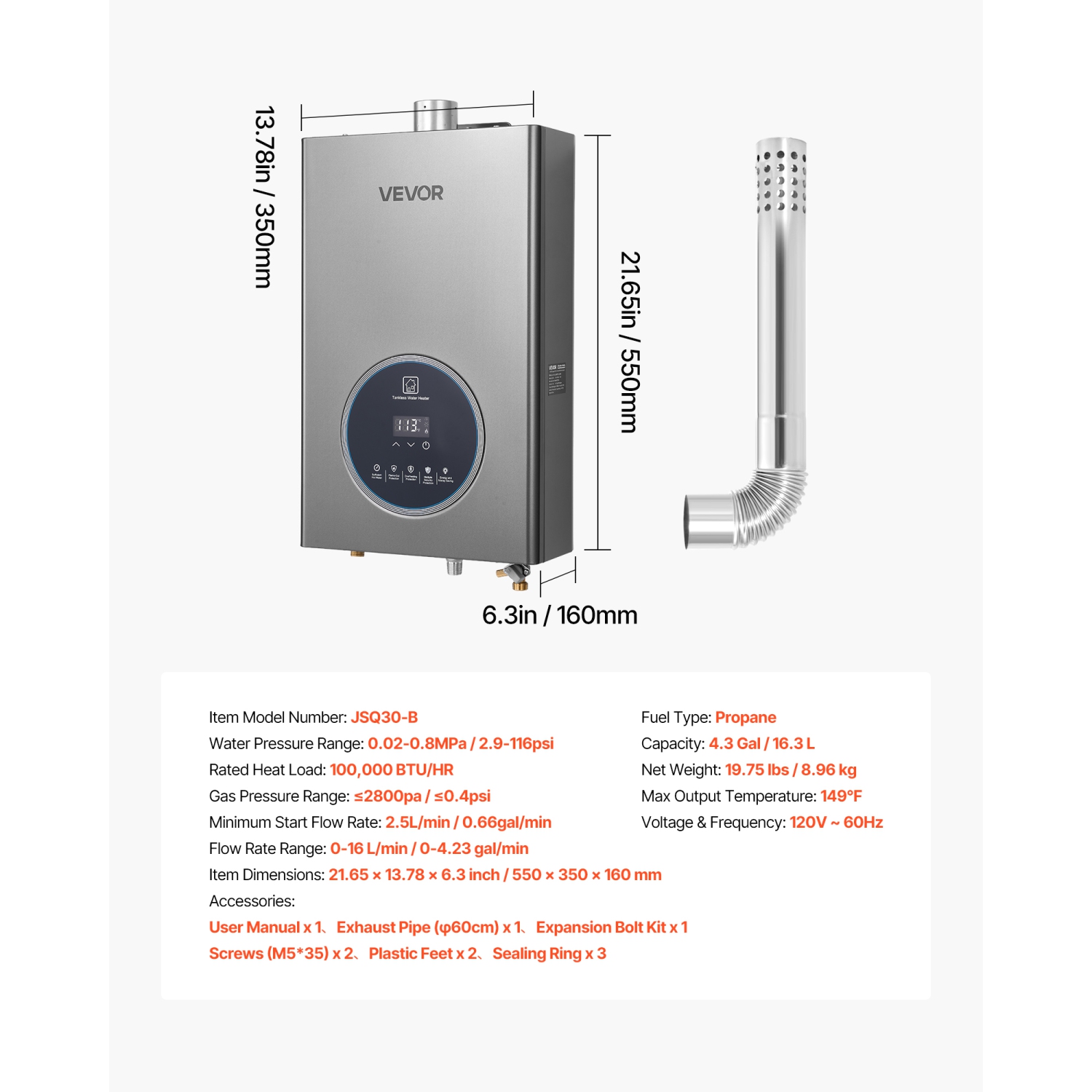 Chauffe-eau au propane 4,3 gal VEVOR, chauffe-eau instantané intérieur 100000&nbsp;BTU, contrôle intelligent de la température, écran Clear LED et