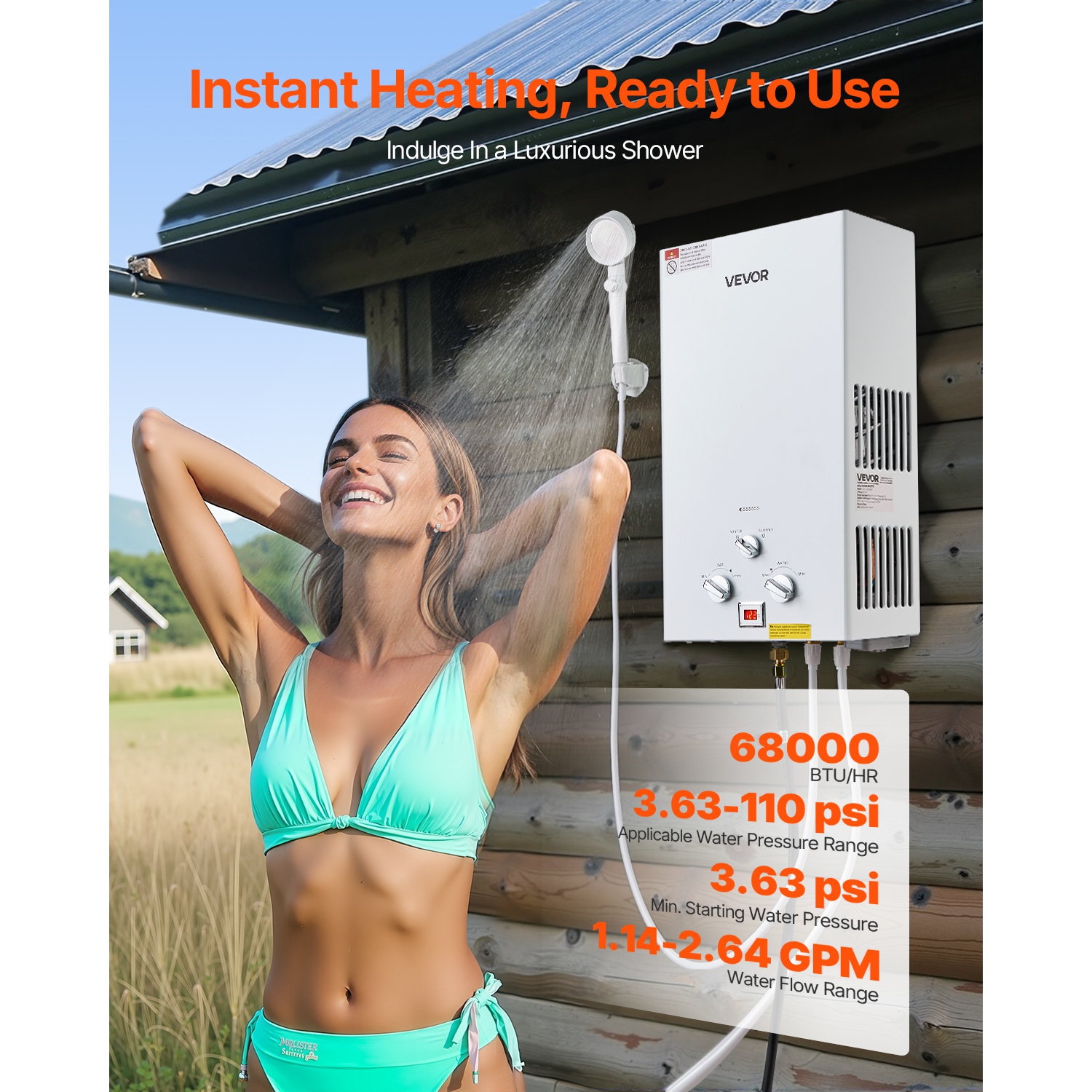 Chauffe-eau portatif au propane VEVOR 10&nbsp;L, chauffe-eau extérieur sans réservoir, eau chaude instantanée 68000&nbsp;BTU de 2,64 gal/min,