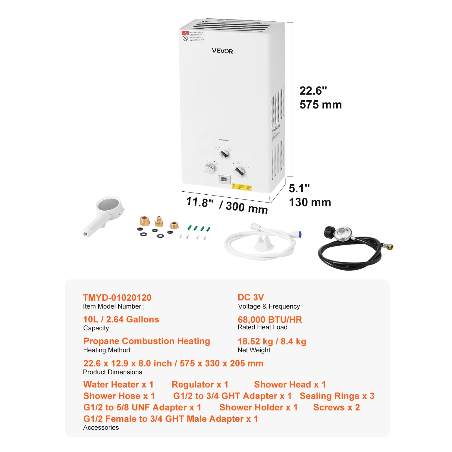 Chauffe-eau portatif au propane VEVOR 10&nbsp;L, chauffe-eau extérieur sans réservoir, eau chaude instantanée 68000&nbsp;BTU de 2,64 gal/min,