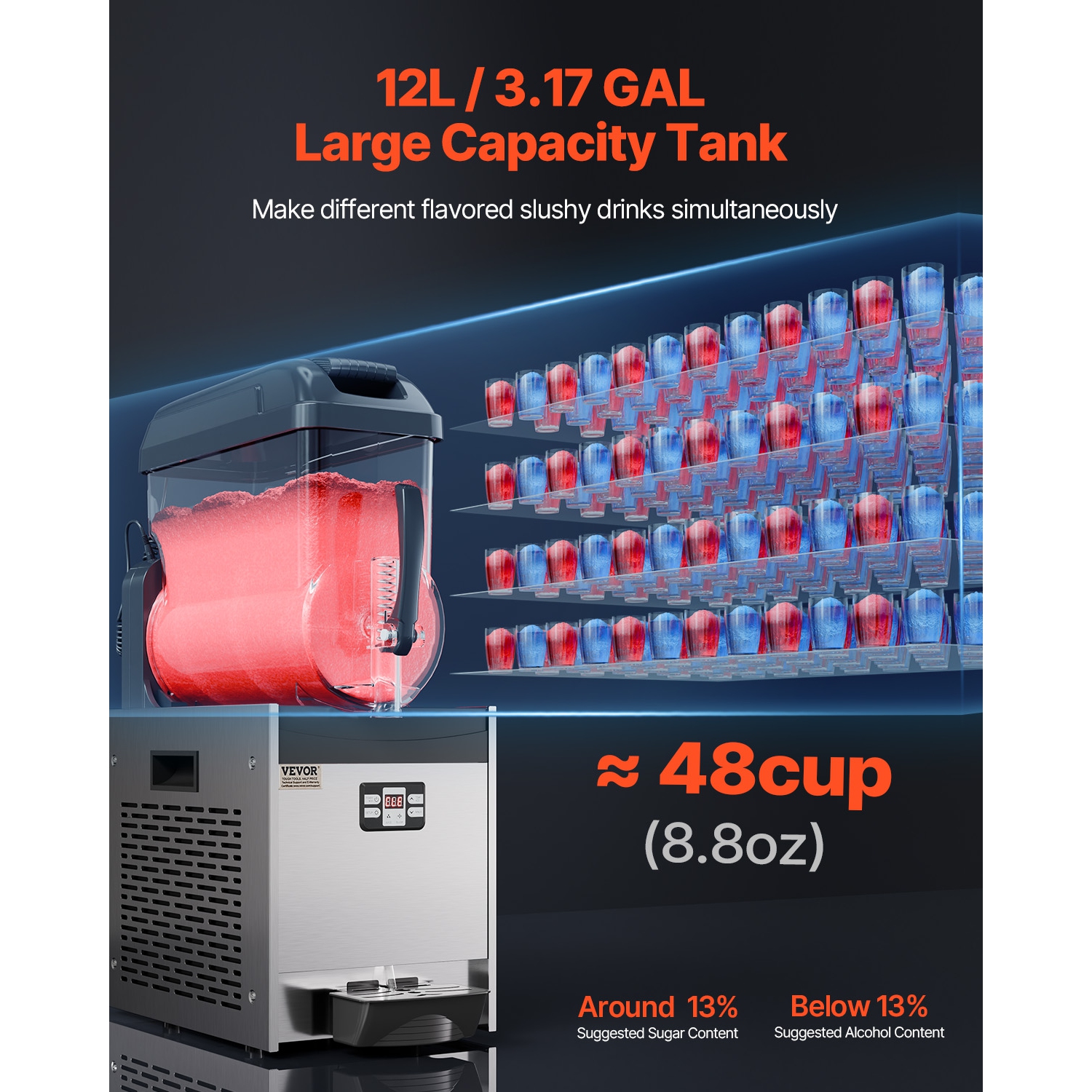 VEVOR 12L Commercial Slushy Machine, Single Tank Frozen Drink Machine, 48 Cups Stainless Steel Margarita Smoothie Frozen Drink Maker, Slushie Maker