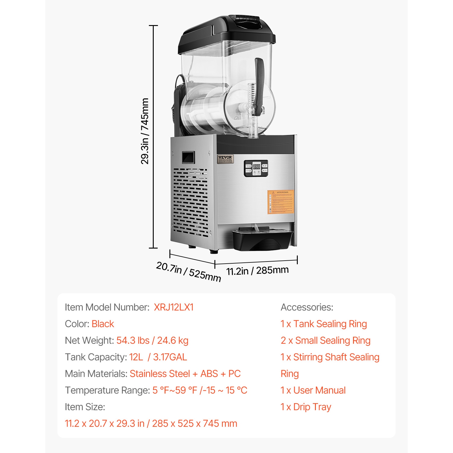 VEVOR 12L Commercial Slushy Machine, Single Tank Frozen Drink Machine, 48 Cups Stainless Steel Margarita Smoothie Frozen Drink Maker, Slushie Maker