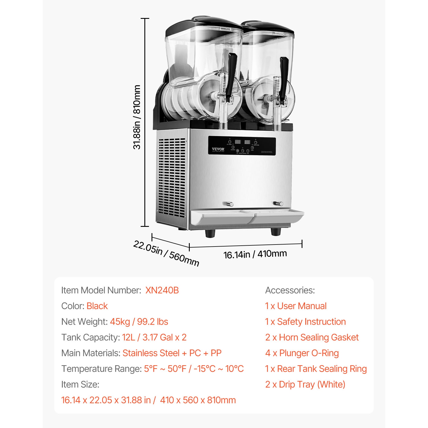 VEVOR 12Lx2 Commercial Slushy Machine, Double Tank Frozen Drink Machine, 96 Cups Stainless Steel Margarita Smoothie Frozen Drink Maker, Slushie Maker