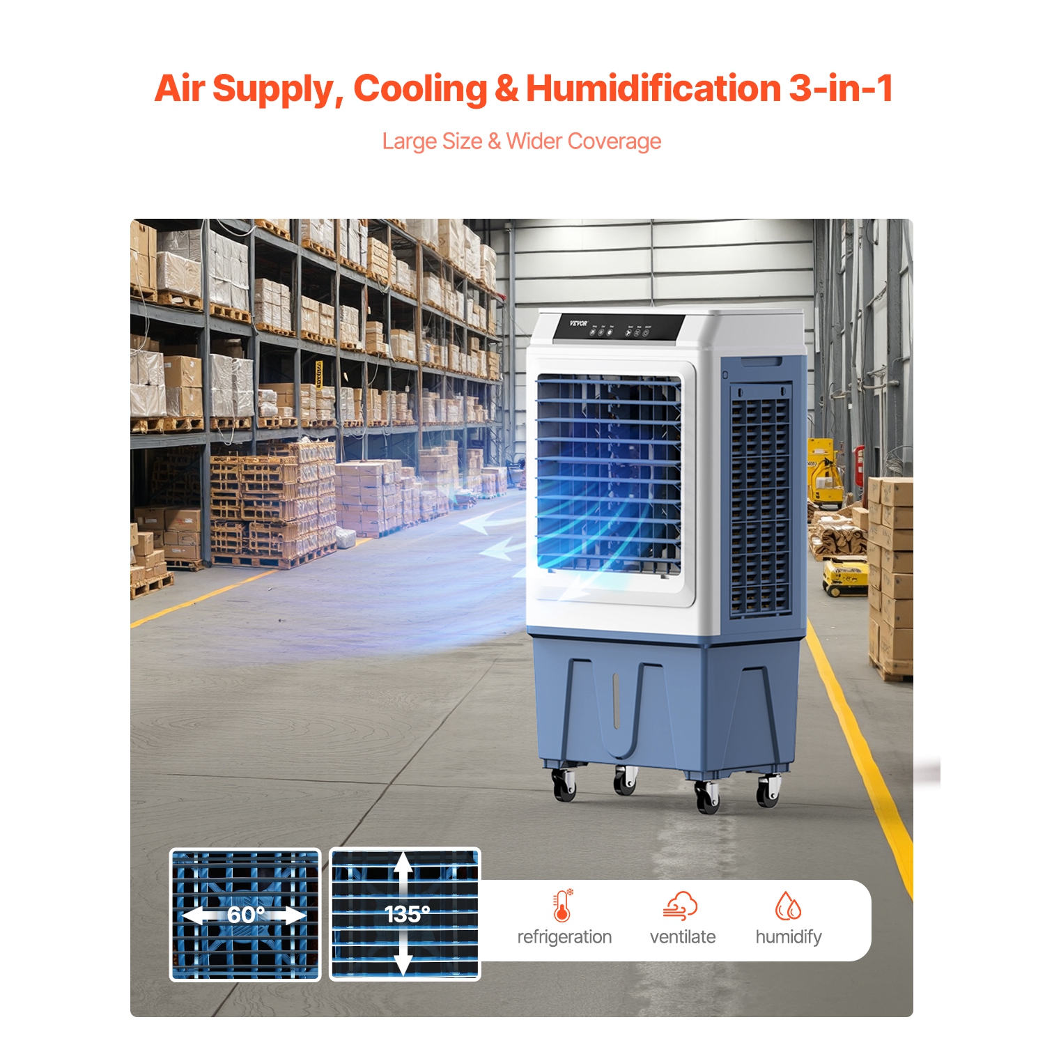 VEVOR 3100 CFM Evaporative Air Cooler, with 9 Gallon Water Tank Swamp Cooler, Portable Cooling Fan with Remote Control, 12H Timer, 4 Ice Boxes, Quiet