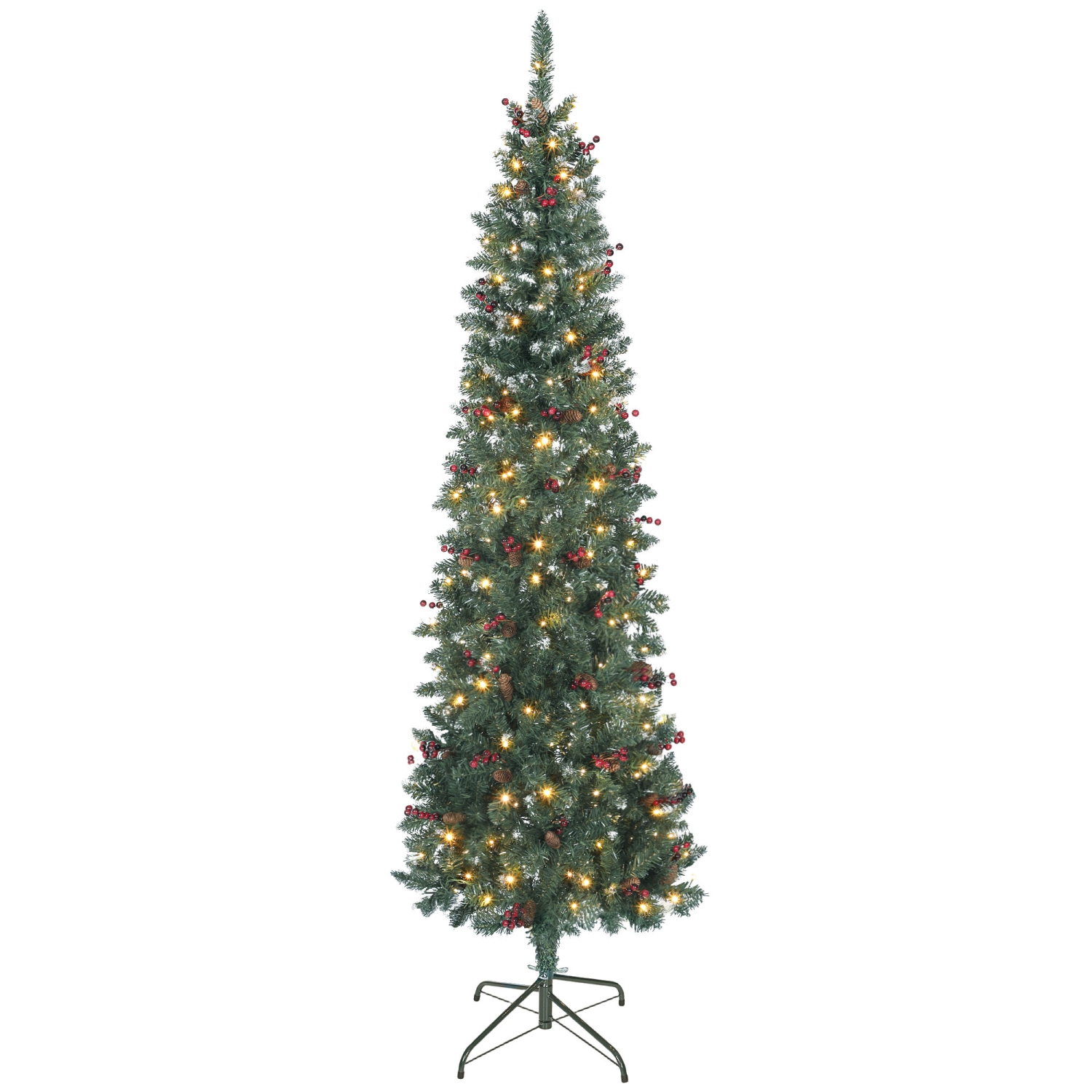 HOMCOM 7 ft Prelit Pencil Christmas Tree with Warm White LEDs, Silver Glitter, Pine Cones, Berry Clusters, Dense Pointed Branches, 8 Light Modes,