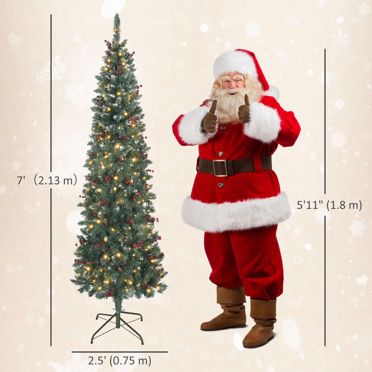 HOMCOM 7 ft Prelit Pencil Christmas Tree with Warm White LEDs, Silver Glitter, Pine Cones, Berry Clusters, Dense Pointed Branches, 8 Light Modes,